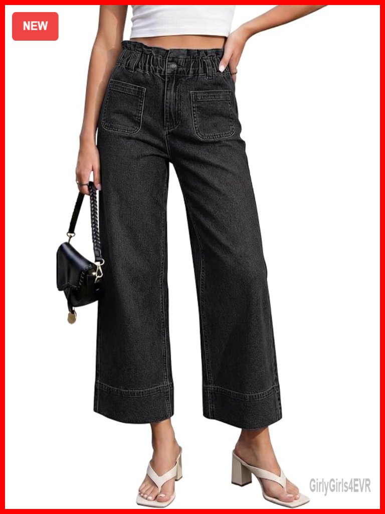 Wide Leg Cropped High Waisted Paper Bag Waist Stretchy Denim Pants Trouser Jeans